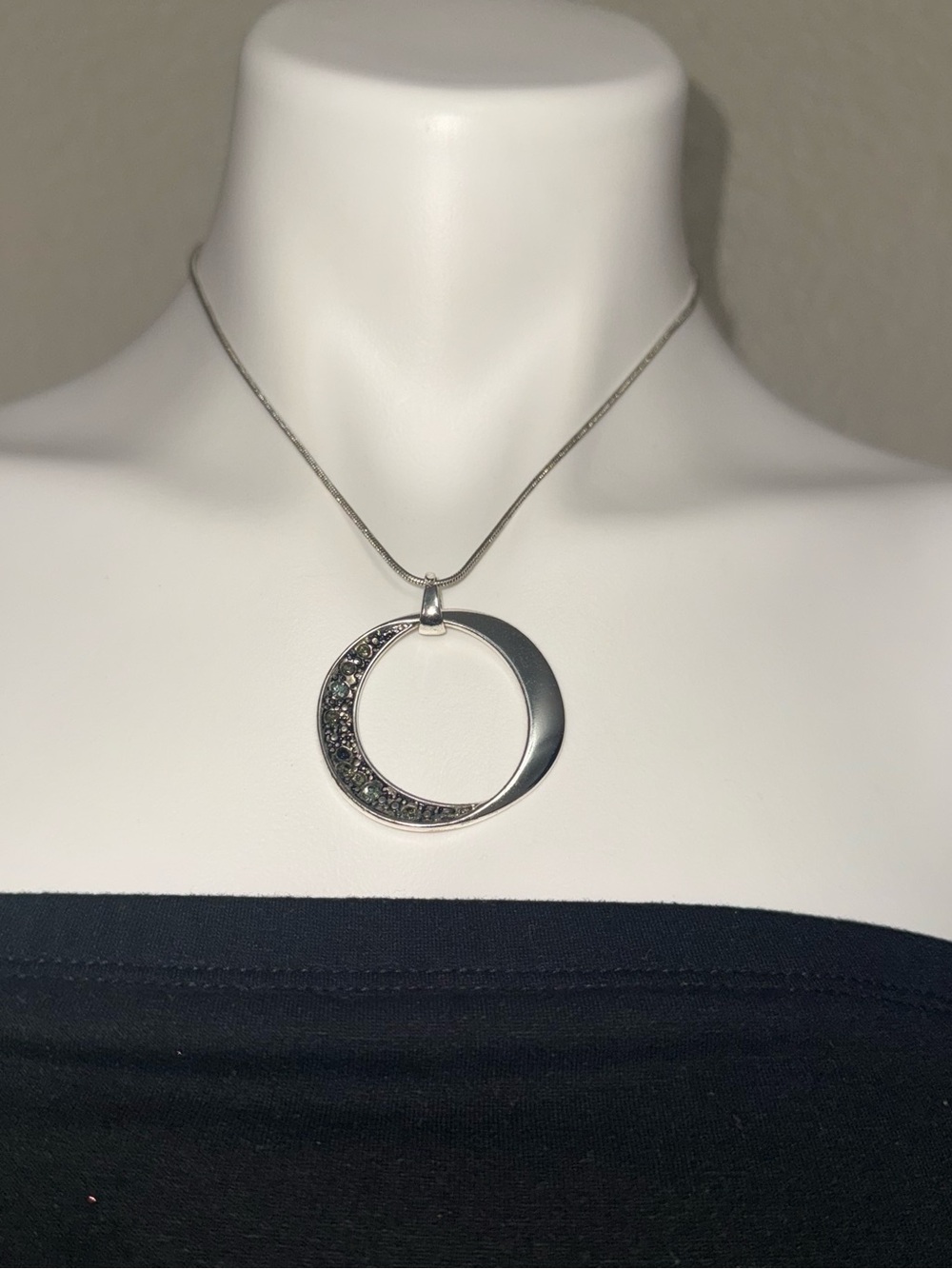 Silver Crescent Circle Pendant Necklace